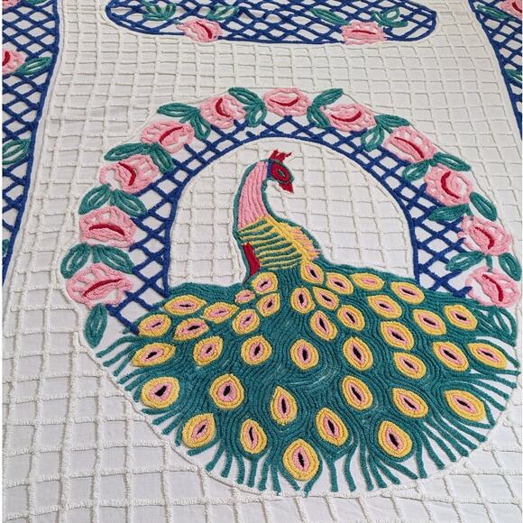 Vintage Chenille Peacock Bedspread White Blue Pink Green Floral 89.75